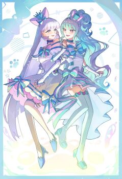 aqua_hair aqua_hairband aqua_thighhighs arm_warmers blue_choker blue_crown blue_eyes blue_hairband bow brooch choker commentary crown crown_earrings cure_lillian cure_nyammy dress dress_bow earrings et_90_1 frilled_arm_warmers full_body hairband hat heart heart_brooch high_heels highres jewelry long_hair looking_at_another magical_girl mini_crown mini_hat mini_top_hat multicolored_bow nekoyashiki_mayu nekoyashiki_yuki pointed_crown precure purple_eyes shiny_cats_pact side_ponytail smile symbol-only_commentary thighhighs top_hat very_long_hair white_arm_warmers white_dress white_hair white_thighhighs wonderful_precure!