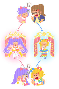 Rule 34 | 2girls, :d, anger vein, angry, angry boss with happy family irasutoyas (meme), arrow (symbol), blonde hair, blunt bangs, bow, brown hair, chibi, chibi only, closed eyes, commentary, cone hair bun, double bun, glasses, hair bow, hair bun, highres, idol clothes, irasutoya, long hair, long sleeves, looking at another, manaka laala, manaka laala (normal), meme, mifune takashi (style), minami mirei, minami mirei (normal), multiple girls, multiple views, open mouth, paper on head, paprika private academy school uniform, parody, pink bow, ponytail, pretty series, pripara, puff of air, purple hair, school uniform, short hair, smile, solid circle eyes, souri, standing, style parody, symbol-only commentary, tears, twintails, v, very long hair