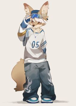 1boy blue_gloves blue_pants brown_eyes brown_fur closed_mouth fox_boy full_body furry furry_male gloves goggles goggles_on_head highres jewelry large_ears looking_to_the_side multicolored_shirt necklace original pants rwacid shirt simple_background solo striped_sleeves white_shirt yellow_fur