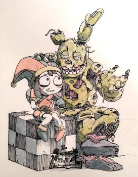 1boy 1girl animatronic asymmetrical_footwear asymmetrical_gloves black_eyes black_hair blue_boots blue_gloves blue_hat blue_shirt blue_shorts blunt_bangs blush_stickers boots buttons cable clown conabemin crossed_legs crossover eyelashes five_nights_at_freddy&#039;s full_body furry furry_male gloves grin hand_on_another&#039;s_head hat highres jester_cap looking_at_another medium_hair mismatched_footwear mismatched_gloves outstretched_hand own_hands_together pom_pom_(clothes) pomni_(the_amazing_digital_circus) puffy_short_sleeves puffy_shorts puffy_sleeves rabbit_boy red_boots red_gloves red_hat red_shirt red_shorts shirt short_sleeves shorts smile socks springtrap striped_clothes striped_shorts the_amazing_digital_circus traditional_media two-tone_hat two-tone_shirt two-tone_shorts vertical-striped_clothes vertical-striped_shorts vertical-striped_sleeves watermark yellow_socks