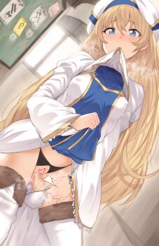 10s 1girl black_panties blonde_hair blue_eyes censored cleft_of_venus clothes_lift covered_erect_nipples crotchless crotchless_panties cup female_focus goblin_slayer! heart heart_censor hews highres lifting_own_clothes lingerie long_hair looking_at_viewer mouth_hold panties pee pee_in_container peeing peeing_in_cup priestess_(goblin_slayer!) pussy skirt skirt_lift solo teacup thighhighs underwear white_thighhighs