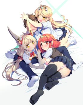 1boy 3girls :3 alternate_costume animal_ear_fluff ass black_pants black_skirt black_thighhighs blonde_hair blue_necktie blush bra breasts brown_hair closed_mouth commentary_request contemporary covering_another&#039;s_eyes earrings gem green_gemstone hand_under_clothes hand_under_shirt harem hetero highres jewelry kneeling large_breasts long_hair low_twintails lying multiple_girls mythra_(xenoblade) necktie nia_(blade)_(xenoblade) nia_(xenoblade) no_shoes on_side open_mouth orange_bra panties pants pantyshot pink_bra pink_panties pleated_skirt pyra_(xenoblade) red_eyes red_hair rex_(xenoblade) school_uniform shirt short_hair skirt smile socks thighhighs tiara twintails underwear watsuki_ayamo white_background white_shirt white_socks xenoblade_chronicles_(series) xenoblade_chronicles_2 yellow_eyes