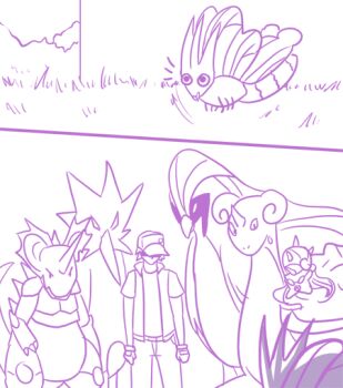 1boy cocowoushi comic gen_1_pokemon lapras legendary_pokemon monochrome nidoking nintendo omastar pidgeot pokemon pokemon_(creature) purple_theme red_(pokemon) text_focus twitch_plays_pokemon venomoth zapdos