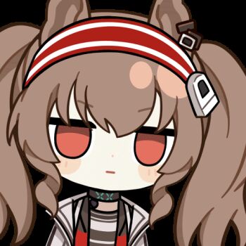 1girl :| angelina_(arknights) animal_ears animated animated_gif arknights black_background black_choker blush brown_hair chinese_commentary choker chunye_haruya closed_mouth coat commentary_request dot_nose earpiece fox_ears hair_between_eyes hairband infection_monitor_(arknights) jacket long_hair looking_at_viewer lowres material_growth no_pupils open_clothes open_coat open_jacket oripathy_lesion_(arknights) red_eyes red_hairband red_jacket second-party_source solo striped_clothes striped_hairband transparent_background twintails two-tone_hairband white_coat