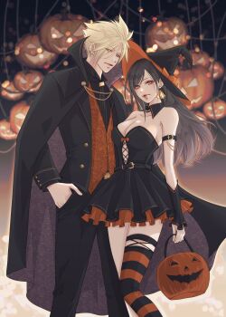 1boy 1girl arm_strap armpit_crease ascot asymmetrical_legwear bare_shoulders belt belt_buckle black_ascot black_cape black_dress black_hair black_hat black_jacket black_pants black_sleeves blonde_hair blue_eyes blurry blurry_background bow breasts bucket buckle cape cleavage closed_mouth cloud_strife collarbone commentary_request detached_sleeves dress earrings feet_out_of_frame final_fantasy final_fantasy_vii final_fantasy_vii_remake frilled_skirt frilled_sleeves frills halloween halloween_bucket halloween_costume hand_in_pocket hat hat_bow height_difference highres holding holding_bucket jacket jewelry large_breasts lips long_hair looking_at_viewer mixmomo_yah open_clothes open_jacket orange_vest pants pumpkin red_eyes short_hair single_bare_leg single_thighhigh skirt spiked_hair standing strapless strapless_dress striped_clothes striped_thighhighs swept_bangs thighhighs tifa_lockhart two-sided_cape two-sided_fabric vampire_costume vest witch witch_hat