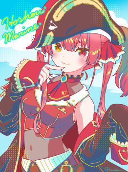 1girl absurdres artist_name ascot bare_shoulders belt bicorne black_hat blue_sky breasts brown_leotard character_name cloud coat commentary cropped_jacket finger_to_own_chin hat heterochromia highres hiro046k hololive houshou_marine houshou_marine_(1st_costume) jacket leotard looking_at_viewer medium_breasts navel off_shoulder red_ascot red_coat red_eyes red_hair red_jacket see-through_clothes see-through_leotard sky sleeves_past_fingers sleeves_past_wrists smile solo twintails upper_body virtual_youtuber yellow_eyes