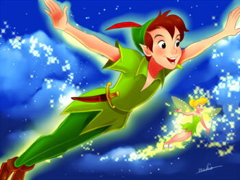 1boy 1girl bare_shoulders blonde_hair blue_eyes breasts brown_hair dress fairy fairy_wings feathers fly_agaric green_dress green_shoes green_tunic hair_bun hat_feather looking_at_viewer mini_person minigirl mushroom nyamunekonabe pointy_ears red_feathers shoes short_hair single_hair_bun smile strapless strapless_dress tinker_bell_(disney) tunic walt_disney&#039;s_peter_pan wings