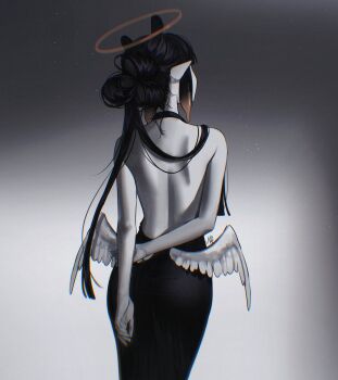 1girl absurdres alternate_costume ani_019 ass backless_dress backless_outfit bow-shaped_hair commentary cowboy_shot dress english_commentary from_behind gradient_hair greyscale halo halter_dress halterneck highres holding_own_hand hololive hololive_english lone_nape_hair long_hair looking_ahead low_wings median_furrow monochrome multicolored_hair ninomae_ina'nis orange_halo pointy_ears shoulder_blades signature sleeveless solo spot_color standing tentacle_hair wings