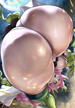 Rule 34 | 1girl, ass, ass focus, blush, braid, breasts, demon slayer uniform, female focus, full moon, gradient hair, green eyes, green hair, green thighhighs, highres, huge ass, japanese clothes, kanroji mitsuri, kimetsu no yaiba, large breasts, long hair, matching hair/eyes, mole, mole under each eye, mole under eye, moon, multicolored hair, multiple moles, noblood (ryandomonica), panties, pink hair, ribbed thighhighs, solo, thick thighs, thighhighs, thighs, two-tone hair, underwear, white panties