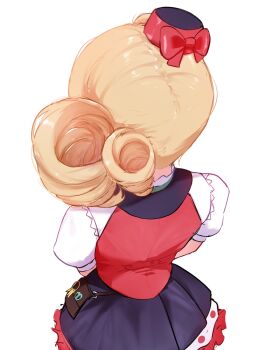 1girl black_skirt blonde_hair cgator densetsu.exe facing_away hashtag-only_commentary hat highres medium_hair one_side_up red_hat red_vest shirt skirt solo vest victoria_roman virtual_youtuber white_background white_shirt