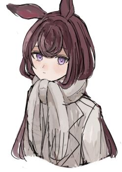 1girl animal_ears arknights brown_hair closed_mouth coat cropped_torso grey_coat grey_scarf highres long_hair looking_at_viewer purple_eyes rabbit_ears ray_(arknights) scarf simple_background solo udo_(akn_otk) upper_body white_background