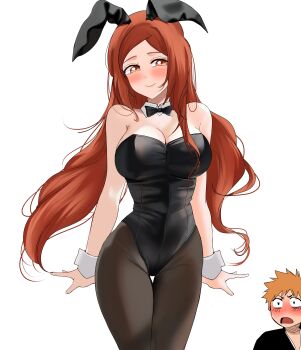 1boy 1girl absurdres animal_ears black_bow black_bowtie black_leotard black_pantyhose bleach blush bow bowtie breasts brown_hair cleavage commentary cowboy_shot detached_collar fake_animal_ears highleg highleg_leotard highres inoue_orihime kurosaki_ichigo large_breasts leotard long_hair open_mouth orange_eyes orange_hair pantyhose playboy_bunny rabbit_ears sela_(chanppu) smile strapless strapless_leotard thigh_gap traditional_bowtie very_long_hair white_wrist_cuffs wrist_cuffs