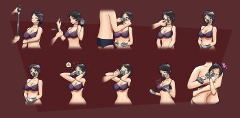 1boy 1girl black_hair bound bra breasts breathing_(animated) breathplay cleavage comic couple cropped_torso duct_tape gag gagged gagged_(willingly) gagging heart highres hug improvised_gag otn screaming sequential short_hair sign spoken_object tape tape_bondage tape_gag taped_hands tattoo teasing underwear warning_sign