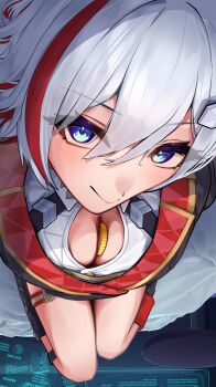 1girl absurdres between_breasts black_boots blue_eyes boots breasts cleavage coin commentary_request from_above grey_hair hair_between_eyes hair_ornament highres honkai:_star_rail honkai_(series) knee_boots looking_at_viewer multicolored_hair shumai_il smile solo streaked_hair thigh_strap topaz_(honkai:_star_rail)