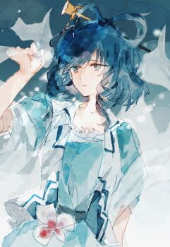 Rule 34 | 1girl, blue background, blue dress, blue eyes, blue hair, dress, flower, hagoromo, hair ornament, hair rings, hair stick, highres, kaku seiga, looking to the side, medium hair, shawl, solo, touhou, vest, wssjzwcmd