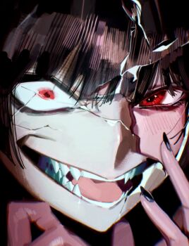 1girl :d absurdres black_hair black_nails blue_archive blush broken_mask cracked_kawaii_mask crazy_eyes crazy_smile dual_persona eyelashes fangs hair_between_eyes hands_up highres loft_stein looking_at_viewer mask nail_polish open_mouth portrait red_eyes smile solo teeth tongue tsurime tsurugi_(blue_archive) wide-eyed