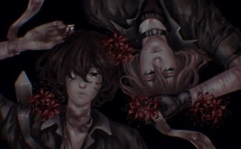 Rule 34 | 2boys, bandaged head, bandaged neck, bandages, belt collar, black hair, black shirt, bungou stray dogs, collar, collared shirt, dazai osamu (bungou stray dogs), dogs dreamm, flower, hands up, hashtag-only commentary, looking at viewer, lying, male focus, multiple boys, nakahara chuuya (bungou stray dogs), on back, one eye covered, scar, scar on arm, self-harm, shirt, short hair, spider lily, upper body, wrist cutting