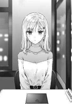 1girl ayase_saki belt chair commentary_request diner earrings floating_earrings gimai_seikatsu greyscale hair_ornament hairclip hiten_(hitenkei) indoors jewelry long_sleeves looking_at_viewer menu monochrome novel_illustration official_art pout second-party_source sitting solo straight-on table