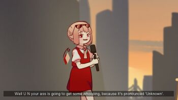 1girl blonde_hair collared_shirt commentary english_text eyewear_on_head flandre_scarlet highres holding holding_microphone microphone one_side_up pointy_ears puffy_short_sleeves puffy_sleeves red_eyes red_skirt red_vest shirt short_hair short_sleeves skirt stage symbol-only_commentary touhou vest white_shirt wings yoruny