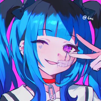 Rule 34 | 1girl, ame yuu 02, amemiya darumi, black bow, black hair, blue hair, bow, bright pupils, chin piercing, choker, earclip, eyes visible through hair, face piercing, facepaint, facial mark, hair bow, heart, heart facial mark, highres, long hair, multicolored hair, one eye closed, open mouth, piercing, pink background, pink eyes, portrait, red choker, roots (hair), safety pin, sailor collar, sailor shirt, shirt, sidelocks, signature, simple background, smile, solo, the hundred line -last defense academy-, twintails, two-tone hair, v, v over eye, white pupils, white shirt
