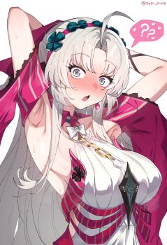 1girl ? ahoge alternate_breast_size_(larger) aqua_eyes armpits arms_up blush breasts carlotta_(wuthering_waves) commentary_request earrings grey_hair hairband heart heart_in_eye highres jacket jewelry korean_commentary large_breasts layer_(layer_illust) long_hair looking_at_viewer nose_blush open_mouth parted_bangs pink_hairband pink_jacket presenting_armpit simple_background solo spoken_question_mark sweat symbol_in_eye twitter_username upper_body white_background wuthering_waves