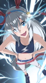 Rule 34 | 1girl, absurdres, animal ears, belt, blue belt, blue eyes, blue hairband, blue shoes, blue tank top, capri pants, commentary, crop top, ear covers, from above, grey hair, hairband, hands on own hips, head tilt, headband, highres, hitempo, horse ears, horse girl, horse tail, lightning, lightning bolt symbol, long hair, looking at viewer, loose belt, midriff, navel, no jacket, open mouth, pants, red belt, red headband, shoes, smirk, sneakers, standing, tail, tamamo cross (fast as lightning) (umamusume), tamamo cross (umamusume), tank top, umamusume, umamusume: cinderella gray, white pants