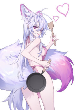 1girl :p absurdres animal_ear_fluff animal_ears apron back breasts commentary_request extra_ears fox_ears fox_girl fox_tail hair_between_eyes highres holding holding_pan holding_spatula long_hair looking_at_viewer looking_back luo_shun_yao medium_breasts meng_xi_xuan naked_apron original pink_eyes purple_hair purple_tail sidelocks simple_background solo spatula tail thighs tongue tongue_out white_background