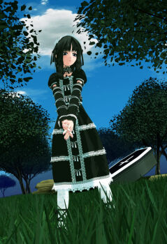 1girl 3d bird black_hair cloud coffin ekkusu_kyuuzu female_focus goth_fashion gothic_lolita lolita_fashion original outdoors pantyhose plant sky solo standing tree white_pantyhose