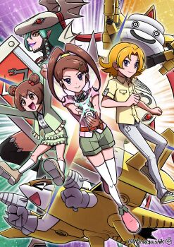 amano_kotone amano_nene_(digimon_xros_wars) amano_yuu_(digimon) damemon digimon digimon_xros_loader digimon_xros_wars highres mervamon sparrowmon tagme watagashikn