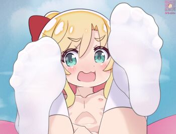 1girl :3 arbolito artist_name blonde_hair blush bow commentary english_commentary feet feet_up flat_chest foot_focus green_eyes hair_bow highres himesaka_noa loli long_hair looking_at_viewer nipples no_shoes nude open_mouth qr_code red_bow soles solo thighhighs toes watashi_ni_tenshi_ga_maiorita! white_thighhighs