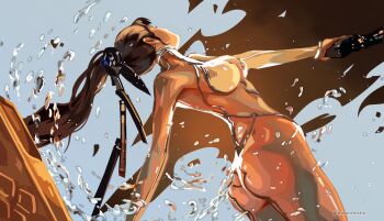 2girls ass black_hair bodysuit breasts brown_bodysuit commentary english_commentary eve_(stellar_blade) hair_ornament highres holding_hands impossible_bodysuit impossible_clothes long_hair medium_breasts moonmistix multicolored_bodysuit multiple_girls ponytail pulling scene_reference skin_suit_(stellar_blade) skin_tight solo_focus stellar_blade tachy_(stellar_blade) two-tone_bodysuit very_long_hair