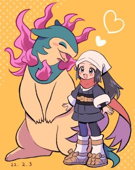 Rule 34 | 1girl, akari (pokemon), black hair, blush, closed eyes, fangs, fire, galaxy team survey corps uniform, headscarf, highres, hisuian typhlosion, long hair, nintendo, open mouth, orange background, pink fire, pokemon, pokemon (creature), pokemon legends: arceus, ponytail, red scarf, scarf, sidelocks, simple background, standing, white headscarf, yataba