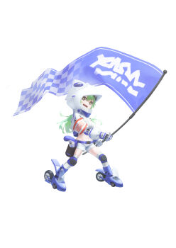 1girl absurdres ahoge belt commentary_request flag gloves green_hair hair_between_eyes highres holding holding_flag hood long_hair long_sleeves looking_at_viewer midriff navel open_mouth original puffy_sleeves sharp_teeth shorts simple_background teeth tokaki wheel white_gloves white_shorts