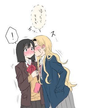! 2girls black_hair black_jacket black_skirt blazer blonde_hair blue_jacket blush brown_sweater cellphone collared_shirt commentary_request dropped_object facial_scar from_side grey_skirt hairband half-closed_eyes hand_in_pocket imminent_kiss jacket kirarazaka_marina kiss kissing_cheek kuze_shizuka long_hair long_sidelocks multiple_girls phone pleated_skirt pottode profile scar scar_on_cheek scar_on_face school_uniform shirt short_hair sidelocks skirt small_sweatdrop smartphone spoken_exclamation_mark surprised sweater takopii_no_genzai translation_request trembling wavy_hair white_shirt yuri