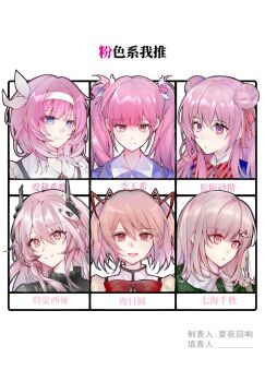6+girls arknights black_horns blue_eyes blue_shirt bow bowtie chinese_commentary color_connection commentary_request danganronpa_(series) danganronpa_2:_goodbye_despair double_bun elysia_(golden_courtyard)_(honkai_impact) elysia_(honkai_impact) green_shirt hair_bun hair_color_connection hair_ornament hairband happy_sugar_life highres horns kaname_madoka li_tianxi long_hair mahou_shoujo_madoka_magica material_growth matsuzaka_satou multiple_girls nanami_chiaki official_alternate_costume oripathy_lesion_(arknights) parted_lips pink_eyes pink_hair portrait red_bow red_bowtie shiguang_dailiren shirt short_hair smile summer-night-echo theresa_(arknights) translation_request twintails white_hairband