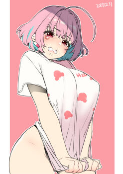 1girl ahoge blue_hair blush bottomless breasts clothes_pull commentary_request embarrassed idolmaster idolmaster_cinderella_girls large_breasts multicolored_hair naked_shirt pink_hair red_eyes shirt shirt_pull short_hair solo sumeragi_kohaku t-shirt two-tone_hair yumemi_riamu