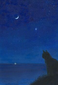 commentary_request crescent_moon dark goma_ramen_(gomaramen888) grass highres horizon moon night no_humans ocean original outdoors painting_(medium) polaris_(star) scenery sky sky_focus star_(sky) starry_sky traditional_media watercolor_(medium)