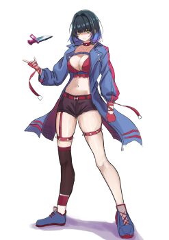 0_karao_ekaki_renshuu_man 1girl absurdres belt black_hair blue_jacket breasts chaos_zero_nightmare chest_harness cleavage collar crop_top fingerless_gloves gloves green_eyes harness highres jacket knife large_breasts long_sleeves looking_at_viewer medium_hair midriff multicolored_hair navel open_clothes open_jacket red_collar red_gloves red_shirt shirt shoes short_shorts shorts sneakers solo spiked_collar spikes stomach thigh_strap thighs tressa_(chaos_zero_nightmare) two-tone_hair