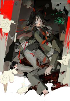 1girl bandaged_leg bandages black_gloves black_hair blood blood_on_clothes door eyepatch gloves grey_pants highres jacket long_sleeves mk1liaoqian necktie open_mouth opening_door original pants red_eyes red_necktie short_hair smoke smoking_pipe twitter_username vest