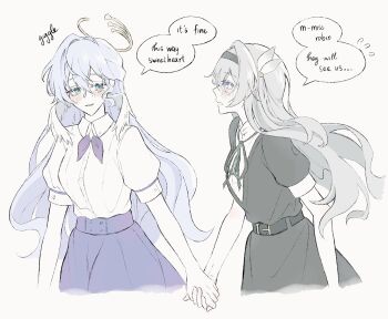 2girls alternate_costume belt black_belt black_dress black_hairband black_ribbon blue_hair blush breasts buttons collared_shirt cowboy_shot dress feathered_wings firefly_(honkai:_star_rail) flying_sweatdrops green_eyes grey_hair hair_between_eyes hair_ornament hairband half-closed_eyes halo hashtag-only_commentary head_wings high-waist_skirt highres holding_hands honkai:_star_rail honkai_(series) jewel_under_eye leaf_hair_ornament lhu_(hhh_lig) long_hair looking_at_another medium_breasts multicolored_eyes multiple_girls neck_ribbon neckerchief open_mouth pale_skin puffy_short_sleeves puffy_sleeves purple_eyes purple_neckerchief purple_skirt ribbon robin_(honkai:_star_rail) shirt short_sleeves shy simple_background skirt smile standing teeth wavy_hair white_background white_shirt wings yellow_eyes yuri