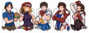 backwards_hat blanka-chan blue_headwear breasts character_doll competition_swimsuit cosplay crossed_arms dated doll fighting_stance hand_on_own_hip hat headband hershuar highres jacket kasugano_sakura looking_at_viewer medium_breasts mega_man_(series) mega_man_legends_(series) multiple_persona name_tag newsboy_cap official_alternate_costume one-piece_swimsuit open_clothes open_jacket red_headband red_headwear roll_(mega_man) roll_caskett_(mega_man) roll_caskett_(mega_man)_(cosplay) school_uniform short_hair smile street_fighter street_fighter_v swimsuit toned upper_body very_short_hair white_headband