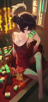 1girl absurdres alternate_costume barefoot black_eyes black_hair black_jacket blue_archive breasts butterfly_hair_ornament capelet city_lights closed_mouth commentary cup curtains double_bun dress drinking_glass fur_capelet grey_eyes grey_halo gun hair_bun hair_ornament halo handgun highres holding holding_mahjong_tile indoors jacket jewelry kisaki_(blue_archive) lamp long_hair mahjong mahjong_table mahjong_tile modare necklace night on_table pinstripe_jacket pinstripe_pattern red_dress sitting sleeveless sleeveless_dress small_breasts solo striped_clothes striped_jacket submachine_gun table twintails vertical-striped_clothes vertical-striped_jacket weapon window