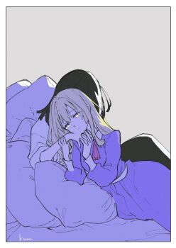 2girls black_hair black_skirt blonde_hair border collared_dress commentary dress english_commentary grey_background hand_on_another's_face highres holding_hands interlocked_fingers kumateya light_frown long_hair maribel_hearn multiple_girls neck_ribbon no_headwear pillow purple_dress ribbon sash shade shirt signature skirt sleeves_rolled_up touhou usami_renko waist_sash white_border white_shirt yellow_eyes