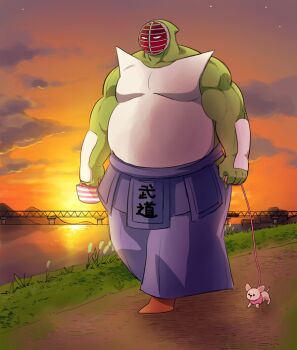 1boy artist_request biceps big_the_budo chihuahua dog evening full_body grass kinnikuman muscular river shaded_face sky solo walking what