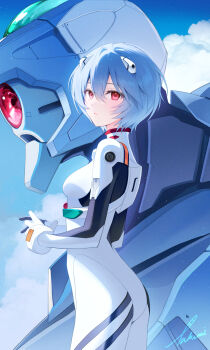 1girl ass ayanami_rei blue_hair blue_sky bodysuit breasts cloud commentary_request day eva_00 evangelion_(mecha) from_side highres interface_headset_(evangelion) looking_at_viewer mecha_pilot_suit medium_breasts neon_genesis_evangelion parted_lips plugsuit_(evangelion) red_eyes revision short_hair sky solo takimii white_bodysuit