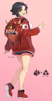 1girl absurdres backpack bag black_hair black_shorts breasts cacodemon doom_(series) female_focus full_body grey_eyes highres jacket large_breasts long_sleeves looking_at_viewer lulu-chan92 open_mouth pink_background pun red_jacket red_shoes ruby_rose rwby shirt shoes short_hair shorts simple_background smile solo v white_shirt
