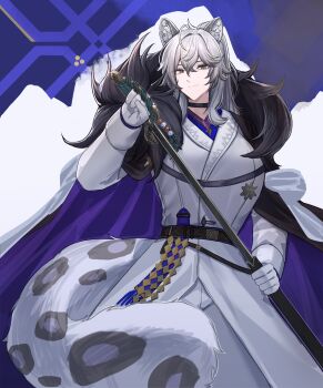 1boy 1girl absurdres ahoge animal_ear_fluff animal_ears ant_k arknights belt black_cape blue_shirt breasts cape choker closed_mouth coat commentary drawing_sword fur-trimmed_cape fur_trim genderswap genderswap_(mtf) gloves grey_eyes grey_gloves grey_hair grey_pants grey_tail highres holding holding_sheath holding_sword holding_weapon jewelry lapels large_breasts leopard_ears leopard_girl leopard_tail long_hair long_sleeves pants pendant ponytail purple_cape sheath shirt sidelocks silverash_(arknights) silverash_the_reignfrost_(arknights) sleeve_cuffs smile snow_leopard_ears snow_leopard_girl snow_leopard_tail solo spotted_fur spotted_tail sword symbol-only_commentary tail two-sided_cape two-sided_fabric unsheathing weapon white_coat