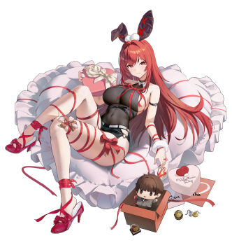 Rule 34 | 1girl, absurdres, alternate costume, animal ears, black shorts, box, character doll, chocolate, closed mouth, commander (nikke), commentary request, doll, fake animal ears, full body, gift, gift box, goddess of victory: nikke, happy valentine, heart, heart-shaped box, heart-shaped pillow, hershey's kisses, high heels, highres, hodangdang ok, korean commentary, long hair, official alternate design, official alternate hair color, pillow, rabbit ears, rapi (nikke), rapi (red hood) (nikke), red eyes, red hair, red shoes, shoes, short shorts, shorts, simple background, smile, solo, valentine, white background