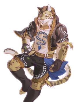 1boy abs animal_ears bara brown_gloves brown_jacket brown_shorts chest_tattoo chinese_commentary claws commentary_request del_687 fingerless_gloves flower furry furry_male gloves highres holding holding_flower hood hood_up hooded_jacket jacket leopard_boy leopard_ears leopard_tail likulau_(nekojishi) looking_at_flowers male_focus muscular muscular_male nekojishi no_shirt open_clothes open_jacket pectorals shorts smile snake_tattoo stomach_tattoo tail tattoo white_background