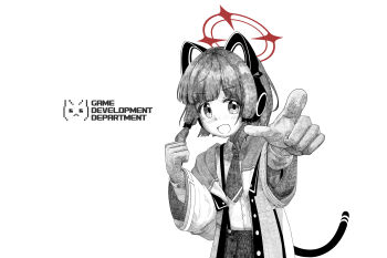 1girl :d absurdres animal_ear_headphones animal_ears blue_archive blush bow buttons cat_ear_headphones cat_ears cat_tail chinese_commentary clenched_hand collared_shirt commentary dsfr fake_animal_ears fake_tail fingerprint foreshortening greyscale hair_bow halo hand_up hatching_(texture) headphones highres hood hooded_jacket jacket layered_sleeves long_sleeves looking_at_viewer low-tied_sidelocks momoi_(blue_archive) monochrome necktie open_clothes open_jacket open_mouth outstretched_arm parted_bangs pointing pointing_at_viewer red_halo shirt short_hair sidelocks simple_background skirt smile solo spot_color suspender_skirt suspenders tail unbuttoned white_background wide_sleeves